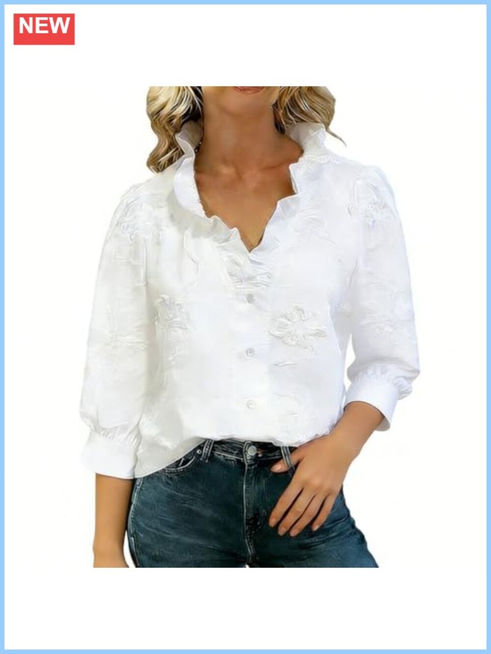 Women's Floral Embroidery Ruffle V-Neck Blouse Cotton 3/4 Sleeve Button Down